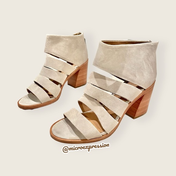 $328 Frye Tash Grey Suede Real Leather Cut Out Strappy Wood PeepToe Ankle Bootie - Picture 6 of 10